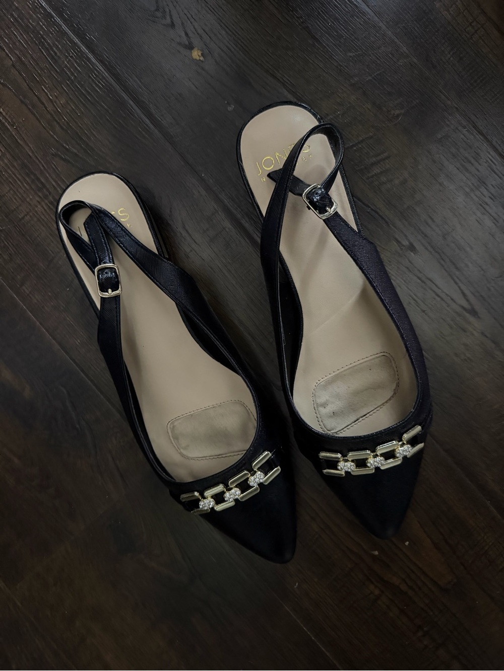 Jones New York Black Pointed-Toe Slingback Flats with Gold Chain